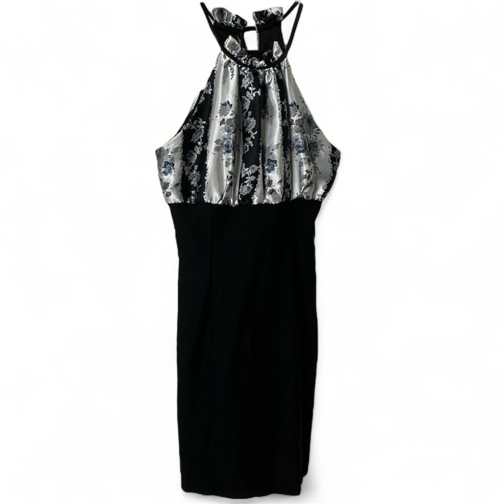 Y2K GLAM Halter Mini Dress Womens S Gray Stripe Black Floral 2000s Vintage
